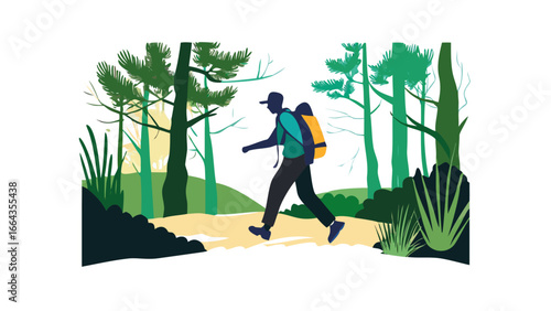 Man hiking on a forest path with a backpack isolated on transparent background