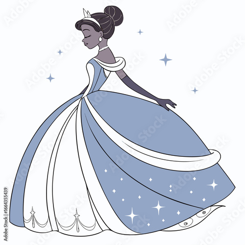 Elegant princess ball gown with a flared skirt on a white background