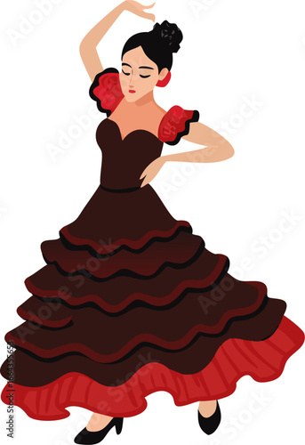 Elegant flamenco dancer in a ruffled dress on white background