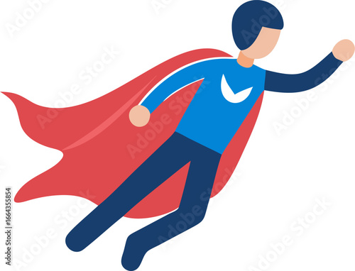 Superhero flying with cape on white background