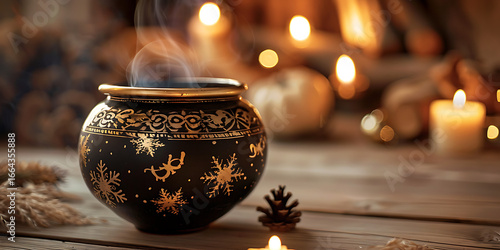Mysterious steaming cauldron with ornate golden patterns on a rustic wooden table, illuminated by warm candlelight.