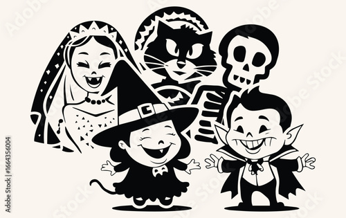 Cheerful Halloween illustration with a smiling witch, vampire, bride, cat, and skeleton. The black and white style adds a playful, nostalgic tone.