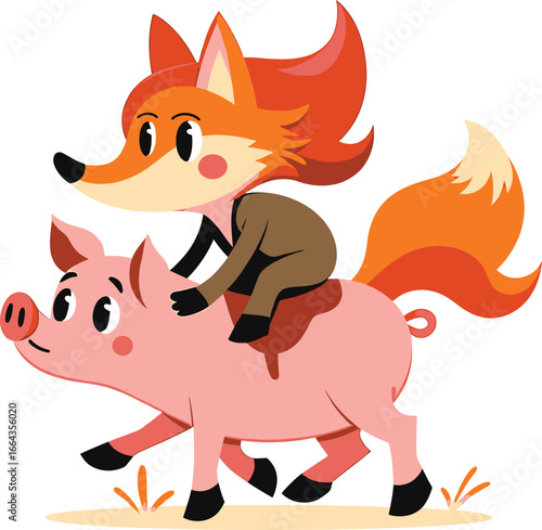 Cute fox riding a pig, playful farm animal friends cartoon
