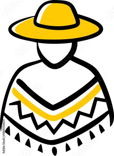 Person in poncho and sombrero on white background