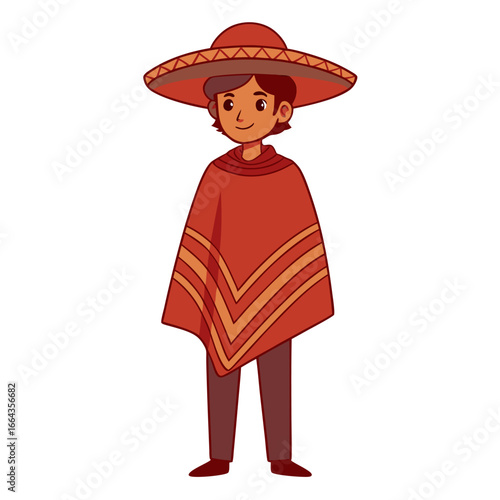 Person in poncho and sombrero on white background