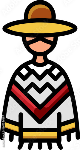Illustration of a person wearing a poncho and sombrero on a white background