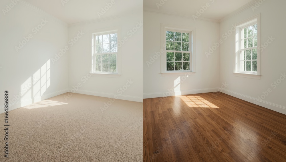 Obraz premium A bright, sunlit room showcasing a comparison between beige carpet and wood flooring.