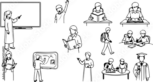 Illustration of students and teachers in various educational settings and activities in black and white