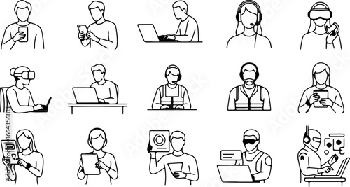 Collection of people using various technologies like laptops smartphones and vr headsets in line art style
