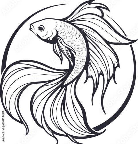 A detailed black and white illustration of a betta fish inside a circular frame.