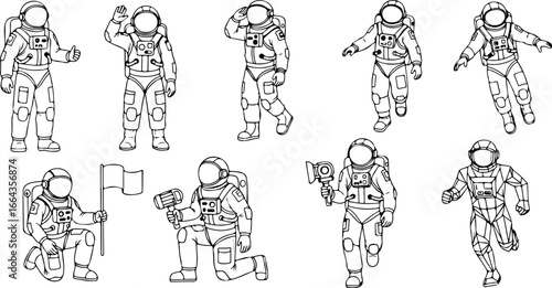 Collection of outlined astronauts in various poses standing waving kneeling and holding equipment on white background