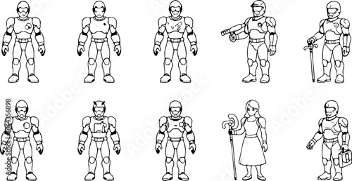 A collection of ten futuristic figures including armored guards and a woman with a cane in black and white