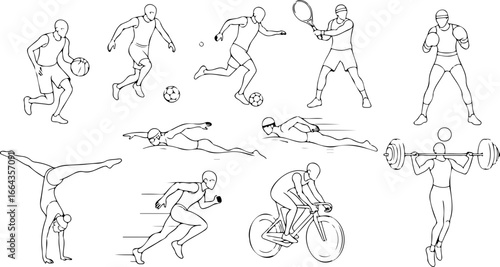 Illustration of various athletes engaged in different sports activities in black and white outline style