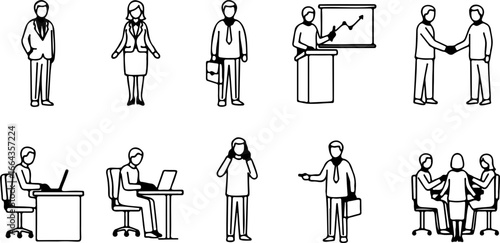 Illustration of business people in various professional settings and interactions depicted in black and white