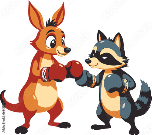 Kangaroo and raccoon boxing with gloves, friendly sparring animals