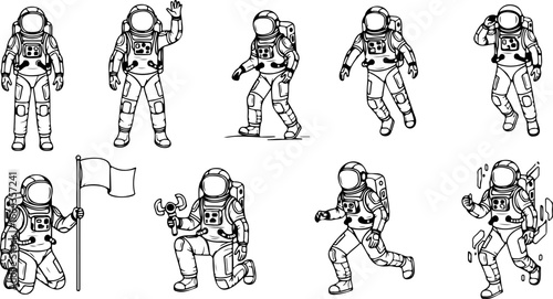 Various astronauts in different poses and activities in a black and white line drawing style image