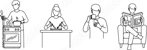 Illustration of four people engaged in different activities at home in a line drawing style