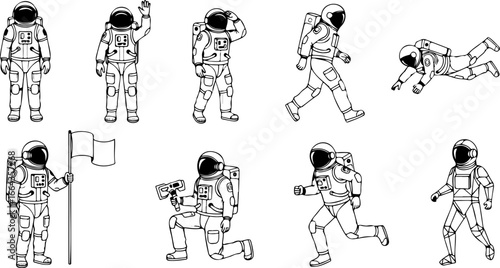 Collection of astronauts in various poses with space suits and equipment in black and white line art style