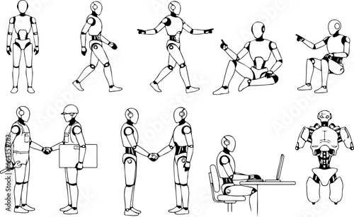 Various poses of humanoid robots in different activities like walking sitting and working on computer