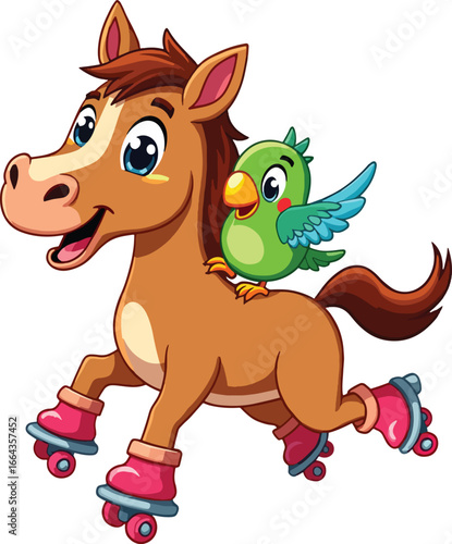 Horse on roller skates with parrot riding, cute animal friends cartoon