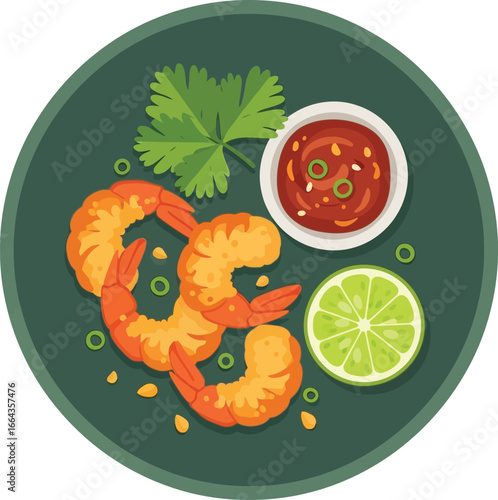 A vibrant illustration of cooked shrimp, dipping sauce, lime, and cilantro.