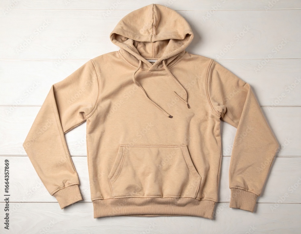 Naklejka premium Blank beige hooded sweatshirt laid flat on a white wood surface. Top view of casual unisex apparel for mockup and design