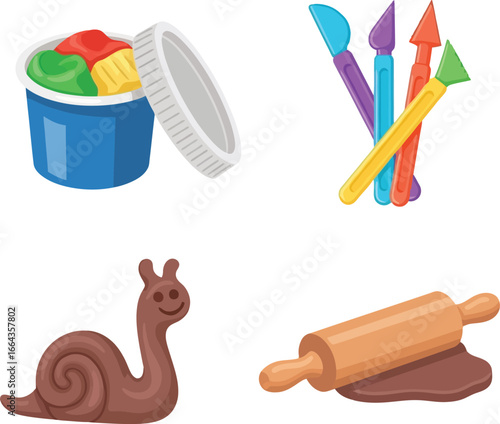 Illustration of modeling clay in a container, sculpting tools, a snail figure, and a rolling pin with clay.