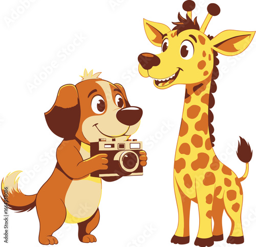 Dog photographer taking picture of giraffe, cute animal safari cartoon