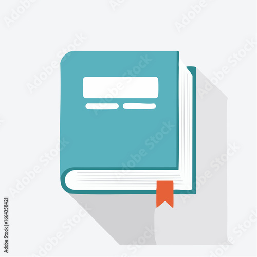 A turquoise book with a red bookmark, casting a long shadow against a light grey background, symbolizing knowledge and learning