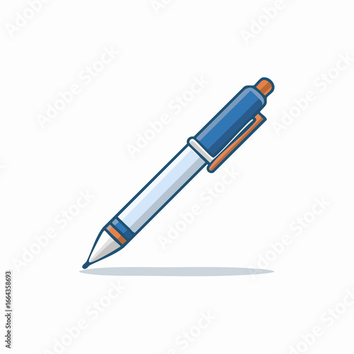 A blue and white ballpoint pen with a clip, presented in a clean, simple, and isolated illustration on a white background