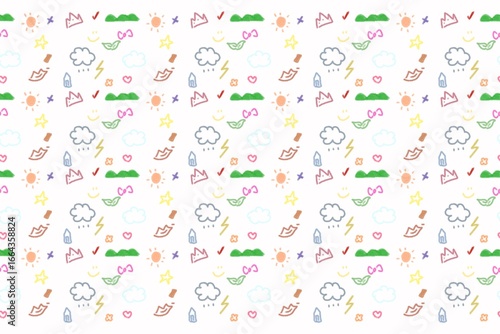seamless pattern with cute Children's lines hearts flowers clouds sun - background 