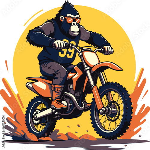 Gorilla riding dirt bike, extreme motocross racing animal mascot