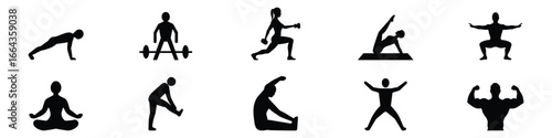 Fitness and Exercise Icon Set – Workout, Yoga, Weightlifting, Sports, Healthy Lifestyle, Fitness and Exercise Icons