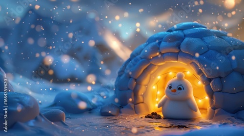 A cheerful snow creature stands in the soft snow near a warmly lit igloo, as snowflakes fall gently around them.