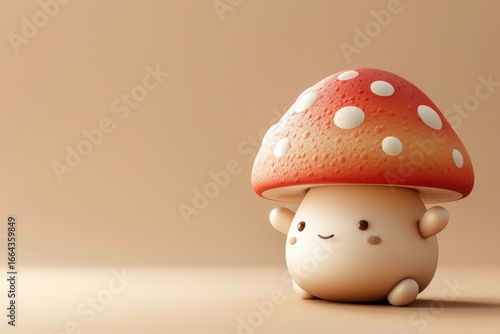 A smiling kawaii mushroom toy with a red polka-dot cap stands happily on a soft beige background in minimal lighting.