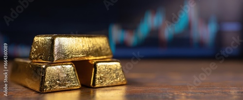 Wallpaper Mural The gold bars stacked on a table with blurred stock market chart backdrop Torontodigital.ca