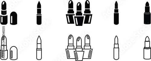 Lipstick Icon Set, Collection and Group Black Cosmetic Makeup Tube, Beauty Product Symbol, Fashion Accessory Vector in Flat and Line Style for Glamour, Elegance, Salon and Stylish Design