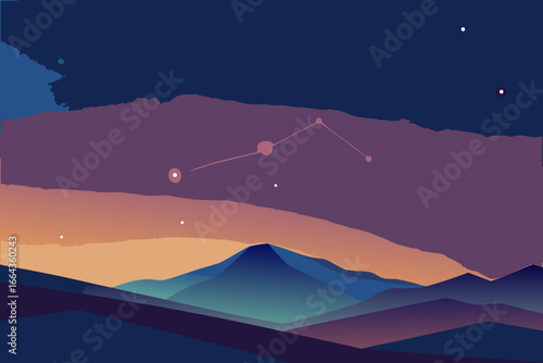 Stylized night sky over mountains with aries constellation and colorful clouds