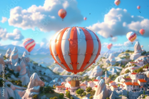 Striped cartoon hot air balloons float above a whimsical mountain village under a sunny sky filled with soft clouds and birds.