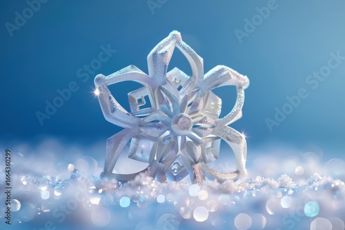 A decorative snowflake made of crystal sits on snowy ground with glittering light, evoking the magic of winter and celebration.