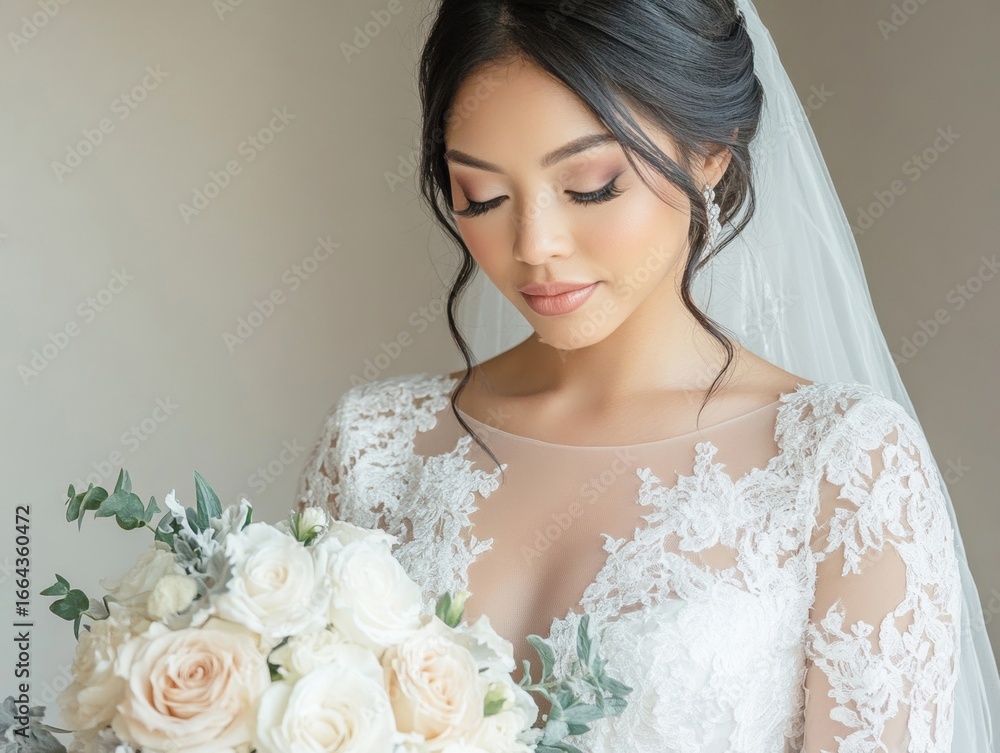 Naklejka premium A bride in an elegant lace gown stands indoors, softly looking at her bouquet of white roses, exuding grace and calmness as she prepares for her wedding day.