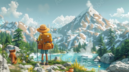 A stylized hiker with orange backpack stands on a scenic alpine trail overlooking a turquoise lake and snowy mountains in summer.