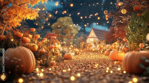 A magical autumn path lined with pumpkins and glowing fairy lights leads to a cozy home under a blue twilight sky and fall trees.