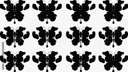 Pattern of symmetrical black inkblots resembling butterflies arranged in a grid on a white background