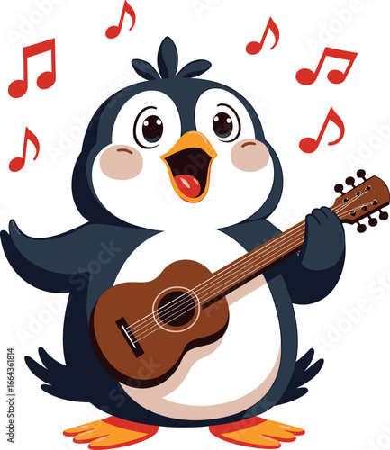 Cute penguin playing guitar and singing, music mascot cartoon