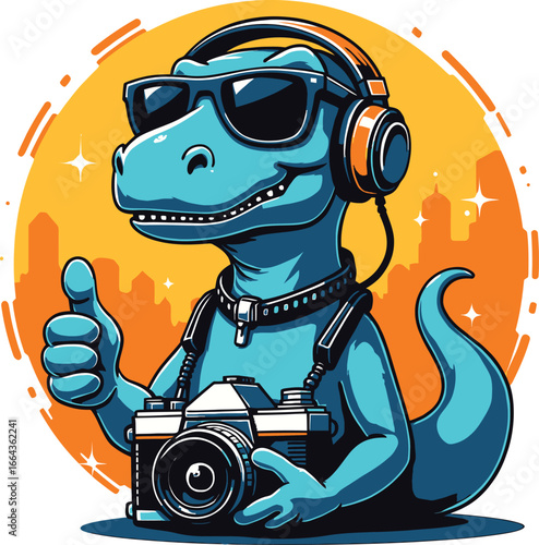 Cool dinosaur with headphones and camera giving thumbs up, travel influencer Dino