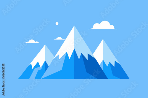 Stylized geometric mountain range with snow caps under a clear blue sky