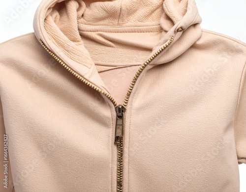Close-up of a beige hooded sweatshirt with a zipper, showcasing texture and design details