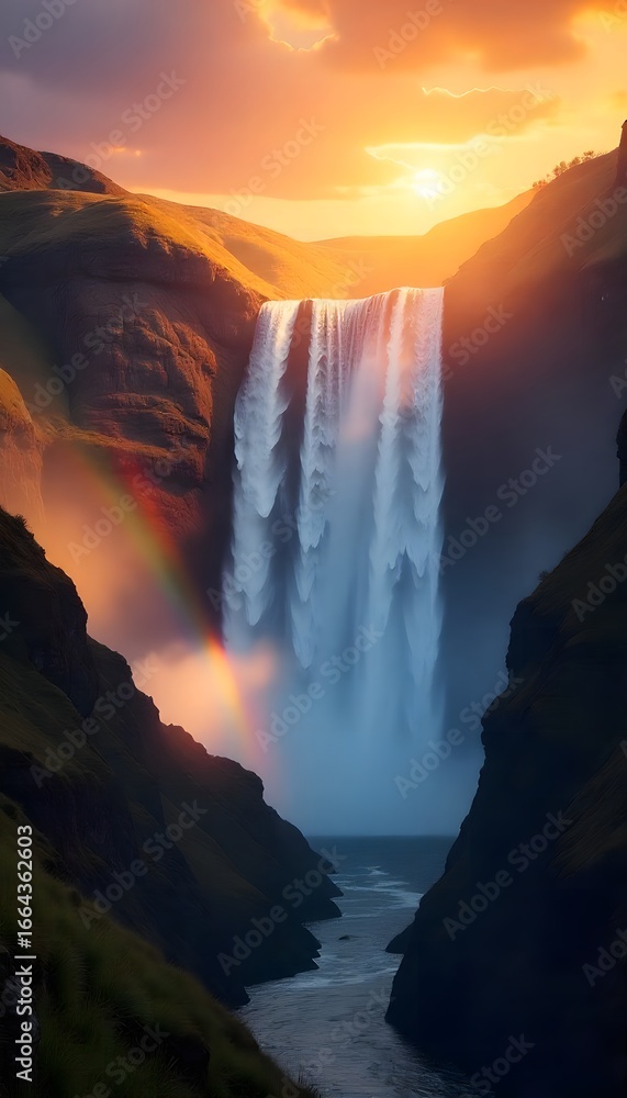Fototapeta premium Majestic Waterfall Landscape with Rainbow and Golden Sunset Illumination