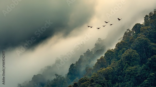   A flock of birds soaring above a foggy mountain, surrounded by low-lying trees in the foreground